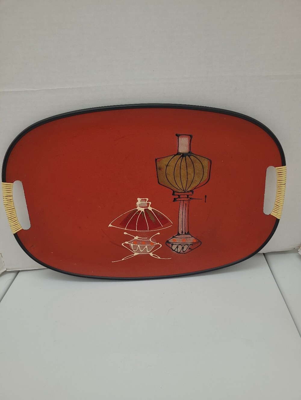 VTG 60'S Tilso MCM Decorative Handpainted Japanese Barware Tray, Burnt Orange